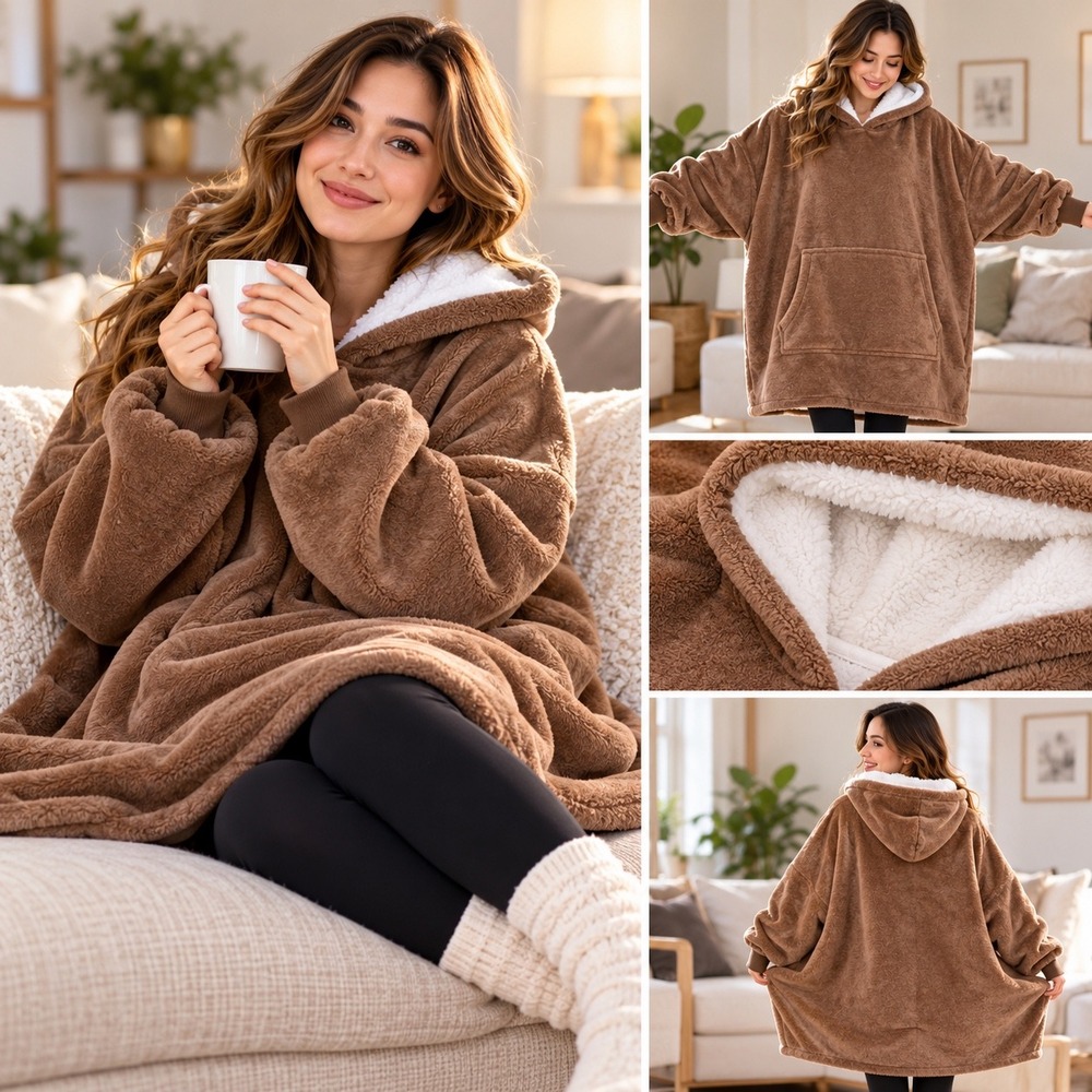 Easy Going Wearable Blanket Adult Camel Color Soft Plush Hooded Cozy